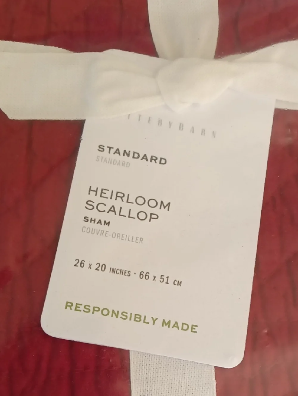 NWT Pottery Barn Heirloom Scallop Quilted Standard Sham Red Cotton